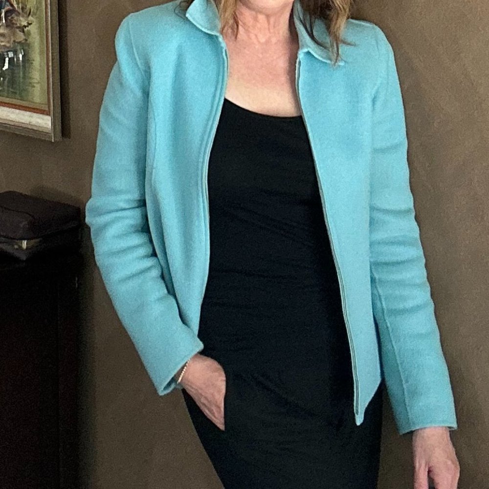 Charter Club, “Tiffany” blue wool scuba style jacket.  Unlined.